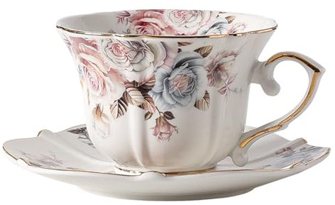 XYUERU Set di tazzine da caffè e piattini con motivo floreale europeo, tazza in ceramica con fiori e rose retrò, delicato design floreale, for la decorazione della cucina