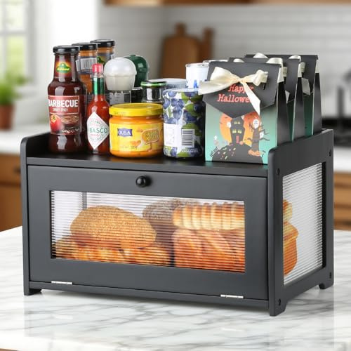 AFAjwsc Brotkasten Groß, Brotbox Brotaufbewahrung Mit Transparentem Fenster, 15L Schwarz Brotkasten Holz Küche für Hörnchen, Brötchen, Baguette, Gebäck