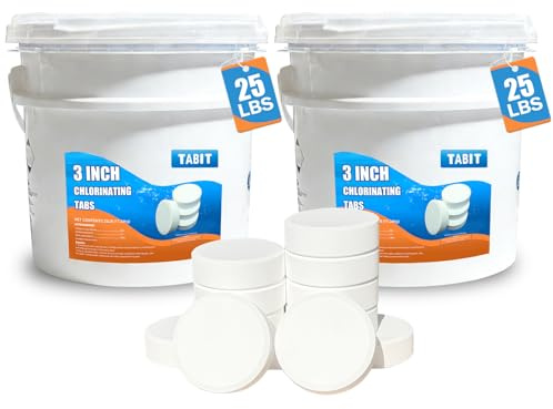 TABIT 50 lbs Chlorine Tablets 3 Inch for Swimming Pools – Slow Dissolving & Long Lasting – 99% Available Chlorine Tri-Chlor – Kills Bacteria & Stops Algae – 2 x 25 lb Buckets