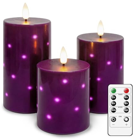 AiiBowy Lot de 3 Bougie LED avec Guirlande Lumineuse Intégrée, Bougies à Piles avec Télécommande et Minuterie, Cire Véritable, Bougies LED Sans Flamme pour Fête, Anniversaire, Mariage - Violet