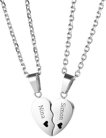 MMXX Personalisierte 2 Teilige Partnerketten Herzkette aus Edelstahl mit Gravur Name Datum Freundschaftskette mit Doppelherz für Freundin Freund BFF