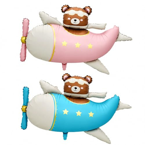 Catelves Flugzeug Bär Folienballon, Teddybär Heliumballon Tier Luftballon Rosa/Blau für Geburtstag Deko, Babyparty, Baby Shower, Kindergeburtstag, 1. Geburtstag, Taufe & Party Deko für Kinder