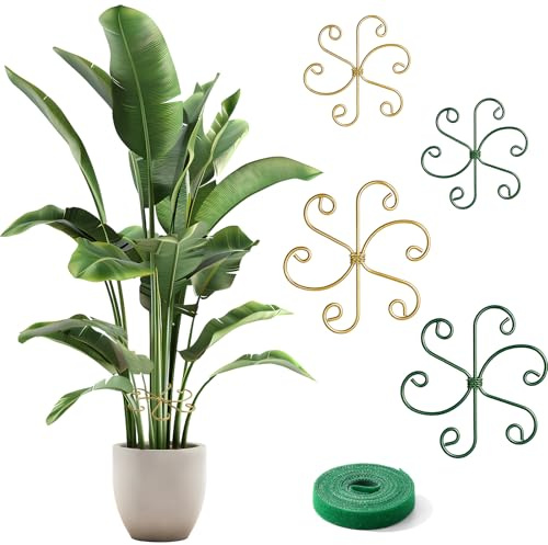 4 Pièces Tuteur Monstera en Métal, Tuteurs pour Plantes (10,5cm &14,5cm) | Support Plante avec 2m Bande Velcro, pour Plantes d'Intérieur, Monstera, Pothos, Fleurs, Doré & Vert