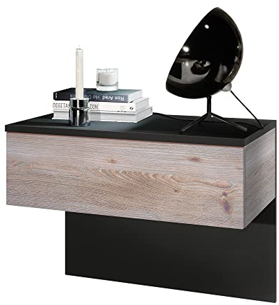 Vladon Nachttisch Sleep, Made in Germany, Nachttischschrank mit Schublade zur Wandmontage, Schwarz matt/Eiche Nordic (60 x 46 x 35 cm)