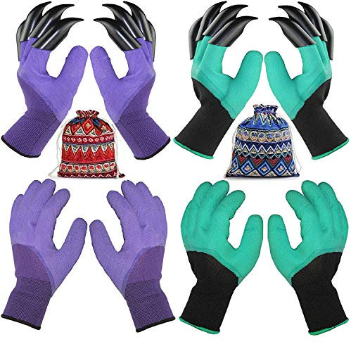 4 Paar Gartenhandschuhe mit Fingerspitzenkrallen, tolles Geschenk für Gärtner, 2 Arbeitshandschuhe Doppelklauen, ohne Krallen, zum Graben und Pflanzen, atmungsaktiv., purple and light green