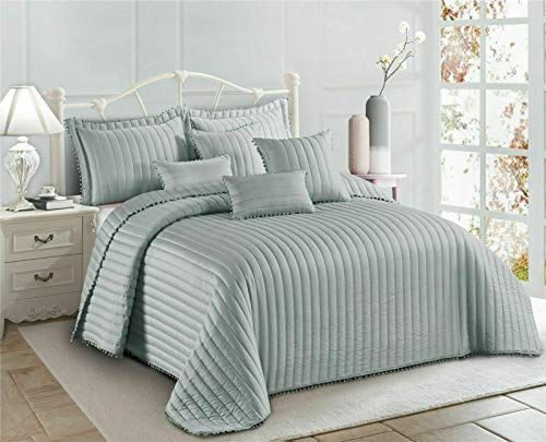PRIME LINENS 3 Piece Quilted Bedspread Embossed Pattern Comforter Bedding Set Bed Throw with Pillow Shams (Pom Pom Silver, Super King)