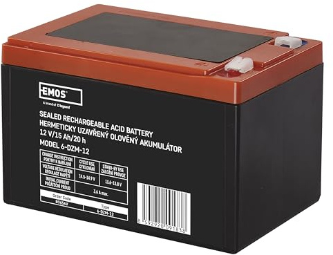 EMOS - Wartungsfreier Bleiakku - 12V 15Ah - AGM Batterie - Faston 6,3mm Anschluss - Für Elektromotore, Handhabungstechnik, Gabelstapler, medizinische Bette, Reha-Bereich - Zyklenfest - 150x100x102mm