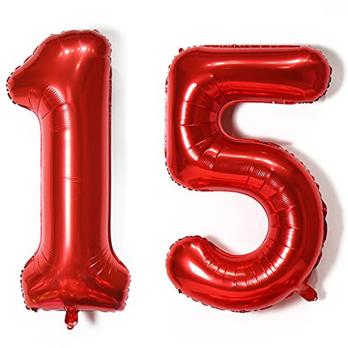 Palloncini numero 15, palloncino numero 15 rosso palloncini 15 compleanno ragazze deco palloncino foil 15 numero palloncini 15 rosso XXXL 40 pallone gonfiabile gigante ad elio 15 anni compleanno