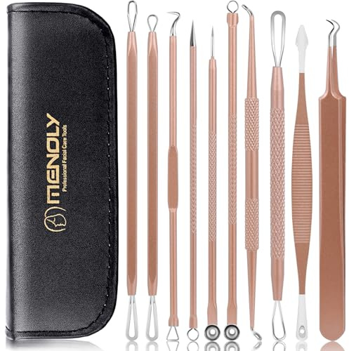 MENOLY Kit de herramientas para eliminar puntos negros, kit de acné para eliminar puntos negros, eliminación de Zit, herramienta extractora de puntos blancos y comedones, con bolsa de cuero (oro rosa)