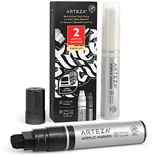 ARTEZA Acrylstifte, 2er-Set, Weiß und Schwarz, 3-in-1-Multi-Line-Federn, 5-15 mm Strichbreite, UV-beständige Acryl Marker, Acrylmalstifte für Steine, Glas, Metall und Holz