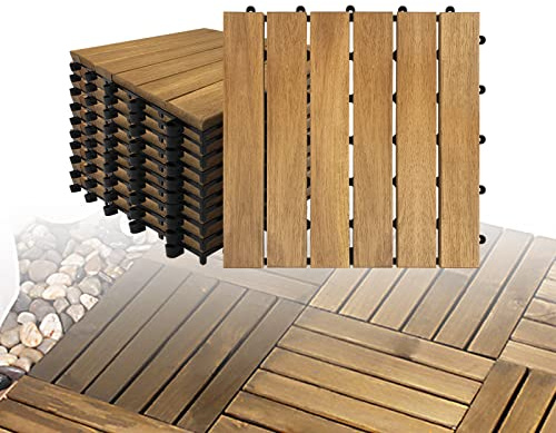 LZQ Dalles de balcon en bois d'acacia - 30 x 30 cm - Avec système à clic - 11 carreaux à clic avec grille de drainage pour jardin, terrasse, balcon, revêtement de sol (modèle A, 11 pièces = 1 m²)