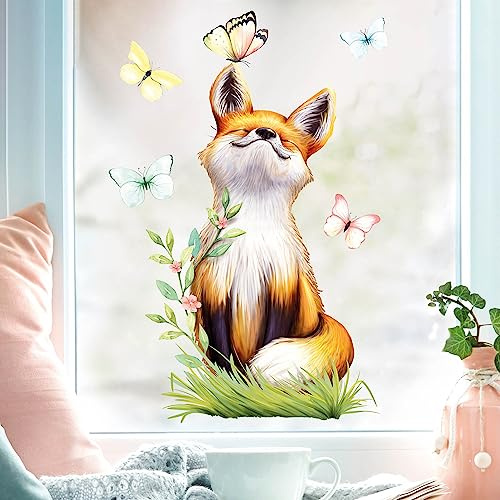 Wandtattoo Loft Fensterbilder Frühling Fuchs Schmetterling Motiv – A4 Bogen, Wiederverwendbar – Frühlingsdeko Fenster, Fensterfolie Frühling Selbstklebend