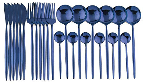 24 stücke Weißgold Geschirr Set Edelstahl Messer Gabel Löffel Besteck Set Küche Geschirr Set Flatware Set essgeschirr (Color : 24Pcs Blue)