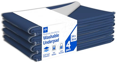 Medline Washable Bed Pads for Incontinence, Large 34 x 36 inch Reusable Underpads, 4 Pack, Pee Pads for Dogs, Adults, Kids and Baby, Navy with Gray Top Sheet