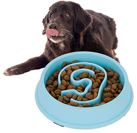 Relaxdays Anti Schling Napf, Futternapf für Hunde, Tiernapf 650 ml, langsames Fressen, Hundenapf spülmaschinenfest, blau, 5 x 21 x 21 cm