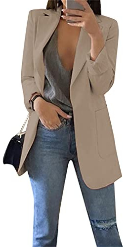 OMZIN Damen Klassisch Drapierter Couleur Solide Blazer Mit Offener Front Cardigan in Übergröße Blazer Mit TaschenKhaki XXL
