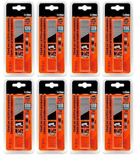 Tradineur - Pack de 8 blisters de 1000 Clavos para grapadoras neumáticas - Fabricado en hierro - Clavos de 2 x 20 mm