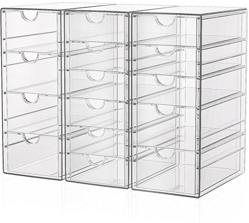 GoMaihe Organisateur de Maquillage avec 15 Tiroirs, Lot de 3 Organisateurs de Bureau, Accessoires de Bureau Transparents, Rangement pour Tiroir Antipoussière pour Maquillage, Bijoux, Stylos, Papeterie