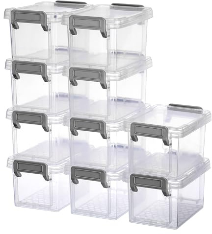 BSTKEY 10pcs Plastic Small Storage Containers with Lid, Clear (12*8*7cm) | Mini Storage Box with 2 Latches Stackable Organizer Box Household Utility Box Case for Jewelry Beads Small Crafts