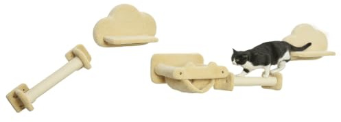 PawHut Kletterwand Katzen 5-Teilig Katzenkletterwand Set bis 5 kg Beige | Katzen Wandelemente, 2 Kratzstämmen, 2 Plattformen, Hängematte, Katzenwandmöbel Set, für Klettern Spielen Schlafen