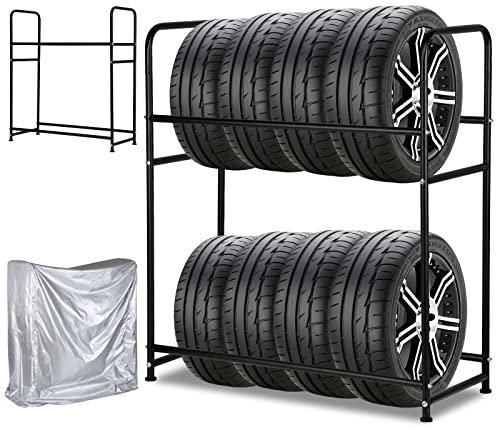 Ansobea Étagère à pneus, 107 x 46 x 117 cm Étagère de Rangement, Étagère à pneuss pour 8 pneus, capacité de Charge 180 kg, Support à pneus réglage en Hauteur pour Garage et Jantes,Atelier