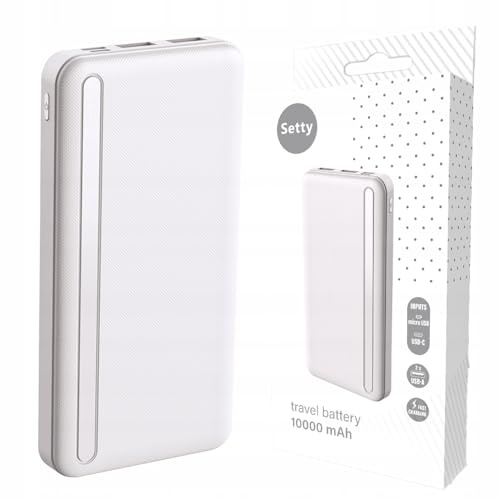 SETTY Powerbank, Power Bank, 10000 mAh, caricatore LCD, 2 x USB per tutti i telefoni cellulari, Samsung, iPhone, Xiaomi, Huawei, batteria da viaggio, colore bianco