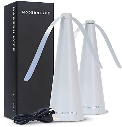 Fly Fans for Tables by Modern Lyfe - AA Battery & USB Powered - Fly Swatter Outdoor Camping Accessory Or for Food at Parties, Restaurants & Picnics, Bug Fan, Spinner Keeps Flies Away (2 Pack - Grey)