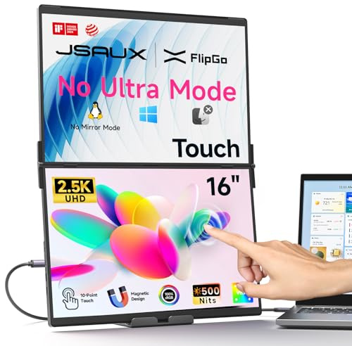 JSAUX FlipGo 16 Táctil Monitor Portátil Doble, 2.5K Extensor de Pantalla para Laptop, Extensible Pantalla Portátil Triple con Diseño Magnético, HUB Integrado, Solo un Cable, Compatible con Windows