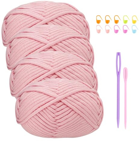 Häkelgarn Baumwolle Häkelwolle Chenille Wolle zum Häkeln 4 X 50g Häkelwolle,Crochet Yarn Dickes Baumwoll-Nylon-Mischgarn Häkelgarn für Anfänger Rosa Garn