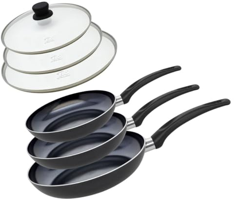 ELO 9807850 Set mit 3 Aluminium-Pfannen und 3 Glasdeckeln, Pfanne für alle Herde außer Induktion, Kochen, ohne PFAS, Aluminium, Edelstahl, Glas, Kunststoff, 28 x 5 cm