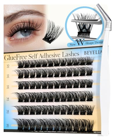 BEYELIAN Self Adhesive Lash Clusters D Curl, Press On Lashes Pre Glued Eyelash Extension Kit with Tweezer, 10-16mm 72 PCS No Glue No Remover Needed