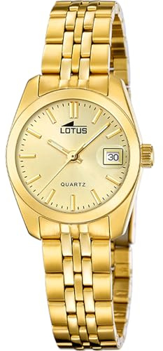 Lotus Damenuhr Analog aus Edelstahl 316l Goldfarben | Quarzwerk, Widerstandsfähiges Mineralglas, Wasserdicht 5 ATM, Kalender 18993/3, Old Money
