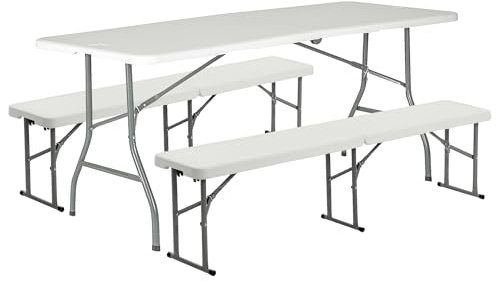 Harbour Housewares Klappbarer Camping-Picknicktischset & Bank - 180cm (6ft) - Weiß - Faltbar Tragbar Plastik Im Freien Garten Essen Möbel