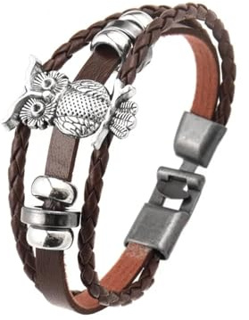 FUSHENGTER Armband Herren Armbänder Männer Armreif Mehrschichtiges Geflochtenes Lederarmband Mit Eulenperlen Und Charms Für Herren, Punk-Accessoires