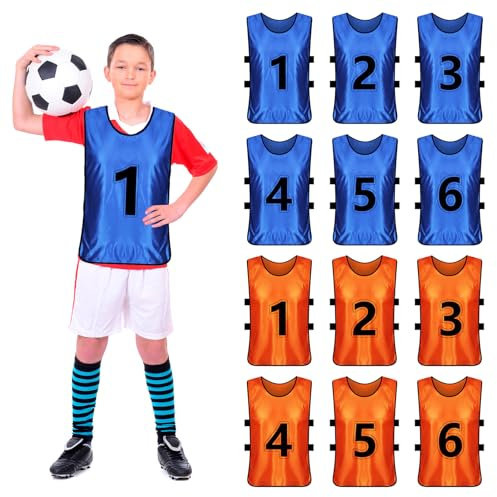 Ysislybin 12er Pack Fußball-Leibchen, Teamsport-Trikots für Kinder, Erwachsene und Jugendliche, Wendbare Nummerierte Trainingswesten für Fußball, Basketball und Andere Ballspiele (Blau, Orange)