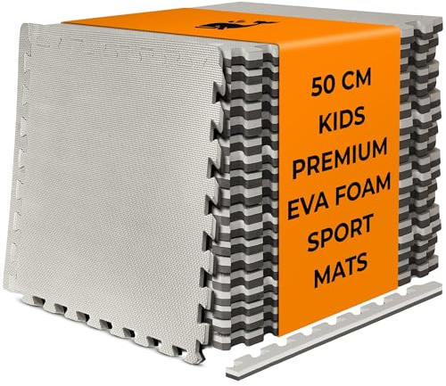 BIGGAMATS | 20 mm EVA Foam Interlocking Floor Exercise Mat | 50x50 cm Non-Slip Thick Foam Mats | 4-piece Light Grey Reversible Gym Flooring for Sports, Martial Arts, Home Gym, & Outdoor Use