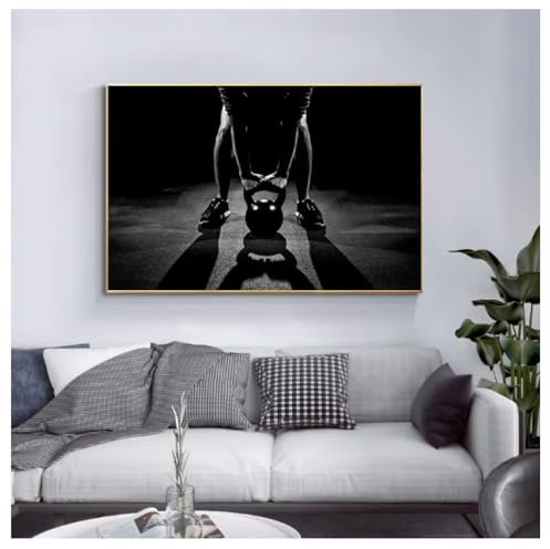 Fitness-Poster und Drucke mit Kettlebell für Männer Schwarze Leinwanddrucke Kunstgemälde Bodybuilding-Workout Wandbilder für Fitnessstudio-Dekor 60x40cm ungerahmt