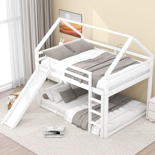 Fofetbfo Etagenbett für Kinder, 140 x 200 cm, Kabinenbett für Kinder, Doppelbett, Einzelbett mit Rutsche und Regal, Hochbett für 2 Personen, aus Holz, Lattenrost, Weiß (140 x 200 cm)