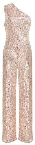 TiaoBug Damen Pailletten Jumpsuit Overall Ein-Schulter Body mit Weite Hose Festlich Einteiler Modern Hosenanzug Tanz Leotard Romper Playsuit Sekt M