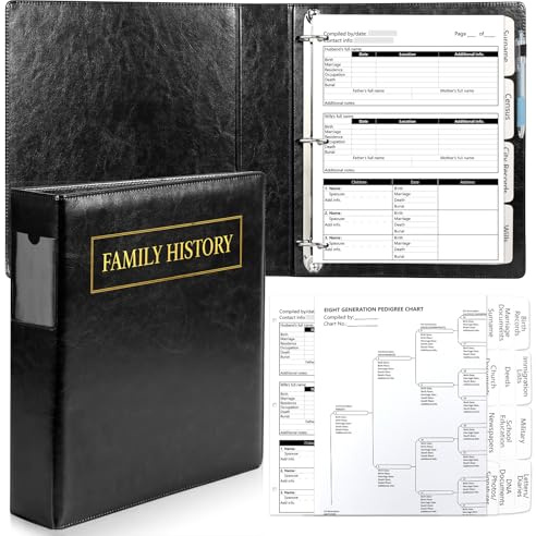 Family History Binder 3 Ring 50 Family Group Sheets 12th Generation 16 Sheets Genealogy Binder Dividers Family Tree Chart Genealogy Supplies with Pen Loop PVC Pocket For Organizer Family History Black