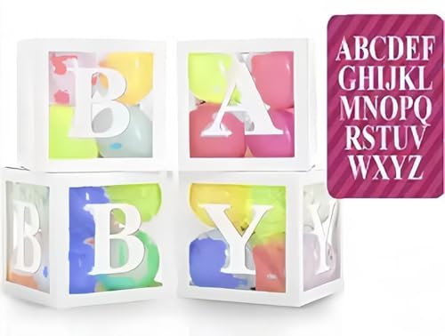 Scatola Baby Shower Decorazioni,Scatole per Palloncini Trasparenti Decorazione per Baby Block con Lettera per Feste di Primo Compleanno Matrimoni, Compleanni, Baby Shower,4PC (BABY+A-Z)