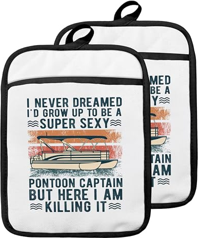 GOOZHO Pontoon Boat Gifts Pot Holders with Pockets, Boat Captain Gifts for Owners Women Men, Funny Pot Holders Heat Resistant Oven Mitts Hot Pads for Kitchen Baking Cooking