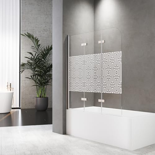 Duschwand für Badewanne Faltbar 140 x 140 cm 3 teilig Faltbar mit 6mm Sicherheitsglas NANO Beschichtung Faltwand,Silber Aluminiumrahmen,Mit Weißem Muster, Leicht zu Reinigen