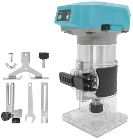 Akku-Kantenfräse für Makita 18V: 600W bürstenloser Oberfräser mit Hartmetall-Fräser, transparenter Basis, LED-Beleuchtung und 6,35 mm Spannzangen. Einhandgerät zur Holzbearbeitung（ohne Akku）