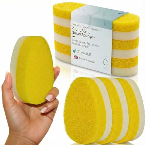Washing Up Sponge Non Scratch SmartSponge Dual-Layer eco soft foam & Heavy Duty thick Scrub Foam. Ergonomic Shape, Kitchen Dish window Pots & Pans Cleaning Scourers Quick-Dry Odourless pads. 6PC