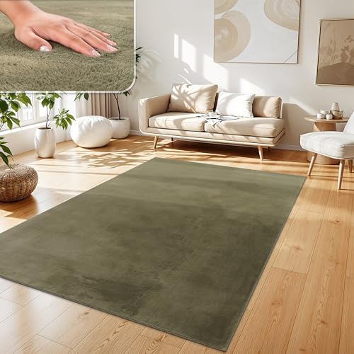 Paco Home Teppich Wohnzimmer Kunstfell weich waschbar modern elegant pflegeleicht Felloptik Uni Seidenglanz flauschig Hochflor, Farbe:Grün, Grösse:100x200 cm