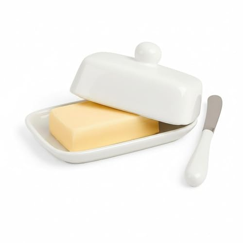 Mantequera de cerámica con tapa, equipada con un cuchillo, un plato rectangular de mantequilla blanco y negro, utilizado para mostradores, decoración de cocina y salas de almacenamiento de mantequilla
