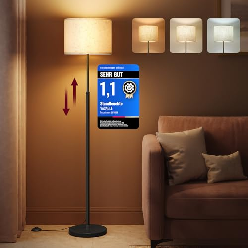 VASAGLE Floor Lamp for Living Room, Adjustable Height 140-170 cm, Modern Standing Lamp with Foot Switch, Fabric Lampshade, E27 Socket, Ink Black LFL002BH03