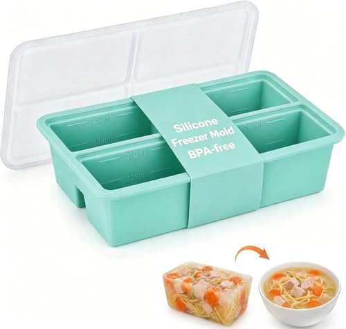2-Pack Silicone Freezer Tray 1 Cup/250 mL Silicone Freezer Cubes with Lids, Perfect for Storing Soup, Broth, Sauces, Batch Cooking , Oven-Safe Silicone Freezer Moulds (1 pack Green(4 Compartments))