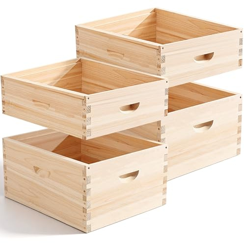 CroBlissful Bienenstock-Box mit 10 Rahmen, inklusive mittelgroßer Bienenstockbox und tiefen Brut-Holzrahmen, Bienenstock-Starter-Set für Anfänger, Imker (zerlegt), 4 Stück